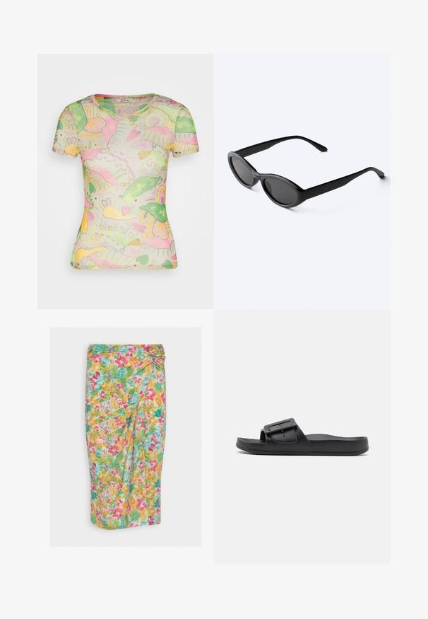 Monki T-shirts print - grey dusty light; ONLY ONLTRACY KNOT SKIRT - Pencil skirt - fuchsia/purple; Sort sklidesandal med bred rem, justerbart spænde, flad sål og glat mat tekstur. Enkel design uden ekstra mønstre.; Slanke sorte ovale solbriller med mørke linser og lige arme, hvilende på en hvid overflade.