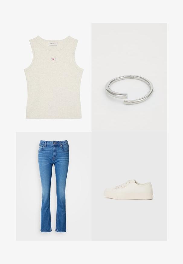 Ærmeløs, lysebeige ribstrikket tanktop med Calvin Klein Jeans-mærke inde i kraven og lille CK-logo på en lap centreret under halsudskæringen.; Blå denim flared jeans med en mellemhøj talje, der har et klassisk fem-lomme design og en subtil affadet tekstur ved knæene.; Sneakers lavet af off-white canvas, med et low-top design, rund tå og flad gummisål med diskrete syninger.; Calvin Klein SPIRAL - Armbånd - silver-coloured