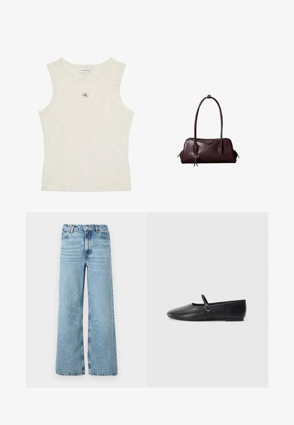 Hihaton vaaleanbeige ribbineuloksinen toppi, jossa Calvin Klein Jeans -etiketti kauluksen sisäpuolella ja pieni CK-logo keskellä kaula-aukon alapuolella.; Valkoiset leveät farkut vaaleansinisestä denimistä, joissa on korkea vyötärö, viisi taskua ja kontrastiväriset tikkaussaumat.; Mustat nahkakengät, joissa on kärki terävä, litteä pohja ja pieni hihna, jossa on hopeinen solki.; Tummanruskea Calvin Klein -nahkalaukku, jossa pitkät kaksinkertaiset kahvat ja pieni logolla varustettu koriste, joka roikkuu yhdestä kahvasta.