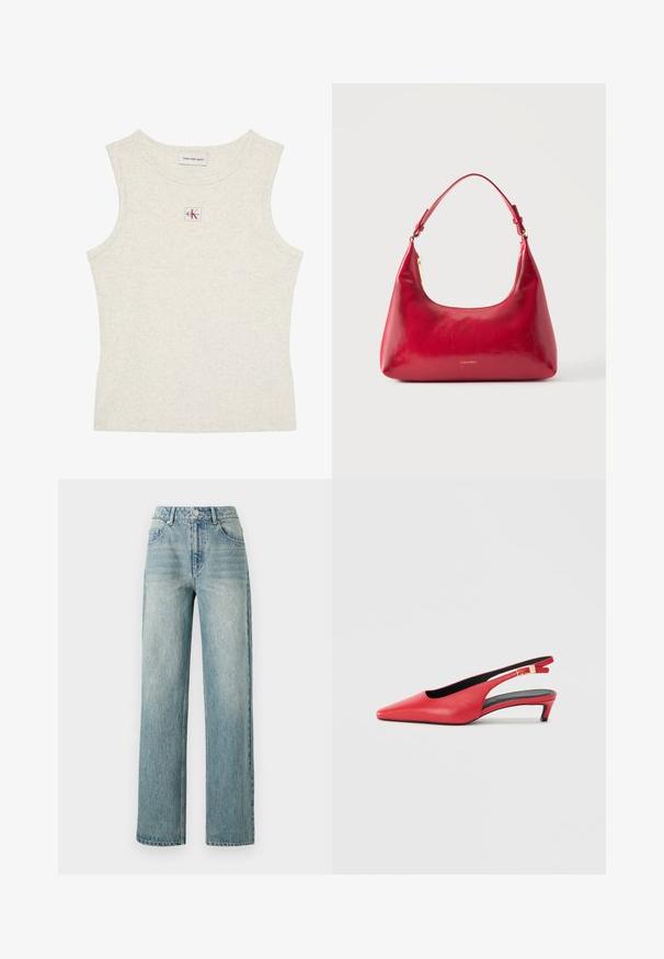 Ärmelloses, hellbeiges, geripptes Tanktop mit Calvin Klein Jeans Etikett am Kragen innen und kleinem CK-Logo-Patch zentriert unterhalb des Halsausschnitts.; Copenhagen Muse JEANNE PANTS - Jeans Relaxed Fit - medium dirty washed denim; Rote Leder-Slingbacks mit spitzem Zehenbereich, ausgestattet mit einem kleinen Absatz und einer Schnallenakzentuierung am Riemen. Glatte Textur.; Rote Lederschultertasche mit goldenem Reißverschluss und verstellbarem Schulterriemen, Calvin Klein Logo mittig vorne.
