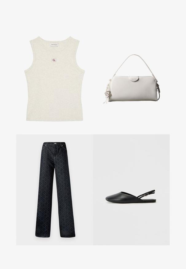 Ärmelloses, hellbeiges, geripptes Tanktop mit Calvin Klein Jeans Etikett am Kragen innen und kleinem CK-Logo-Patch zentriert unterhalb des Halsausschnitts.; Dunkelblaue, weite Jeans mit geometrischem Muster, aus Denim gefertigt. Mit Metallknopf, Reißverschluss und Kettelung der vorderen Taschen.; Schwarze Leder-Slingback-Schuhe mit spitzem Zehenbereich, geschwungenem Design und verstellbarem Schnallenriemen. Glatte Textur, flache Sohle, minimale Details.; Weiße rechteckige Calvin Klein Handtasche mit einem einzelnen Henkel, minimalistischem Design und dekorativen Quasten mit geometrischem Metallanhänger an der Seite.