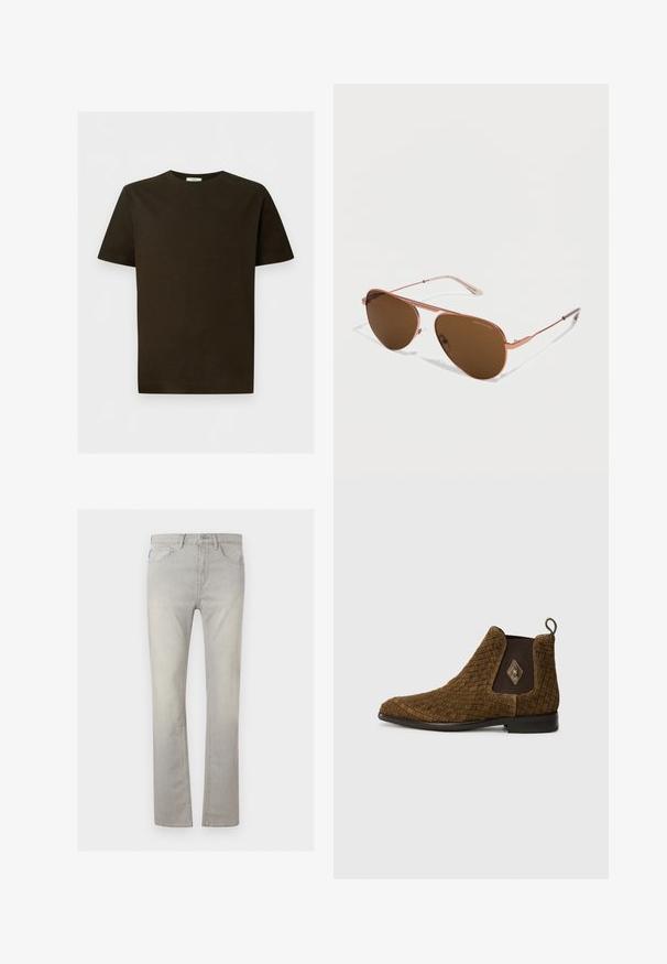 Mørkebrun T-shirt med korte ærmer og rund hals med en lige kant, vist fladt mod en lysegrå baggrund.; Lysegrå jeans med lige ben, fem lommer, knaplukning og bæltestropper, vist mod en ensfarvet baggrund.; Brun vævet ankelstøvle med spids tå, elastiske sidepaneler og en løkke i bagenden. Har en diamantaccent på ydersiden.; Aviator-solbriller med tynd ramme i rosaguldfarvet metal og brune tonede linser placeret på en hvid overflade.
