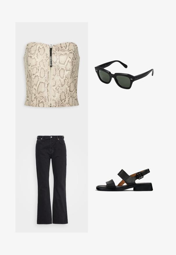 Résumé Top - sand; Weekday PIN - Vaqueros rectos - black; Sandalia de cuero negro con dos correas horizontales y una correa en el tobillo con hebilla. Suela plana y texturizada con un ligero tacón y un acabado suave.; Gafas de sol cuadradas negras con lentes verde oscuro, con montura audaz y acentos plateados en los laterales. Fabricadas en Italia.