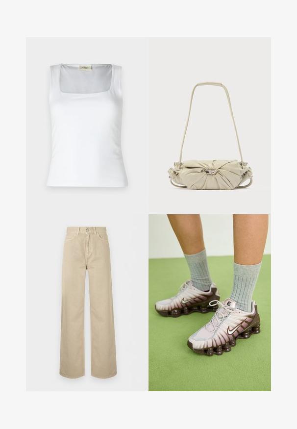 Hvid top med firkantet halsudskæring lavet af glat stof. Har brede stropper og en tætsiddende silhuet. Ingen synlige mønstre eller dekorationer.; Beige, vidde bukser med høj talje, foran med knap, lynlås og sidelommer, vist på en ensartet hvid baggrund.; Nike sneakers i lys pink og brun, med en tekstureret overdel, lagdelt design og en polstret sål med synlige luftenheder.; Beige skuldertaske i læder med samlet design og sølv spænde, der har en lang rem og polstret håndtag.