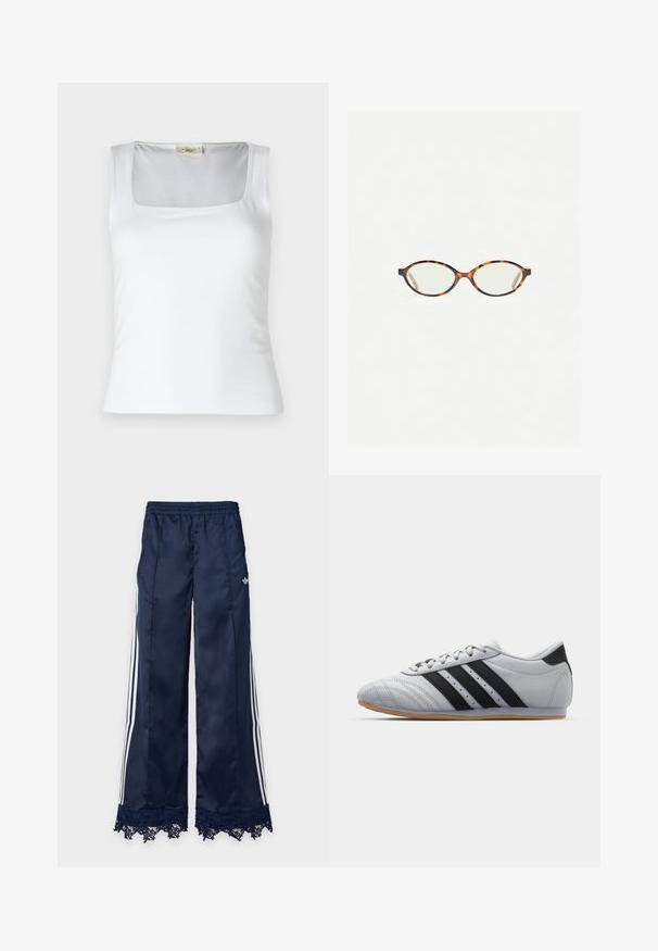 Weißes Tanktop mit quadratischem Ausschnitt, aus glattem Stoff gefertigt. Besitzt breite Träger und eine enganliegende Silhouette. Keine sichtbaren Muster oder Verzierungen.; Marineblaue Trainingshose mit weitem Bein, weißen Seitenstreifen, elastischem Bund, adidas-Logo an der Hüfte und Spitzenbesatz am Saum.; Graue Sportschuhe mit einer glatten Lederoberfläche, ausgestattet mit drei schwarzen Streifen, einer abgerundeten Zehenpartie und einer Sohle aus Gummi.; Schildpatt-Eyegläser mit ovalen Gläsern und einer eleganten, glatten Oberfläche. Mit dünnen Seiten und einer subtilen Kurve an den Schläfen. Klare Gläser.