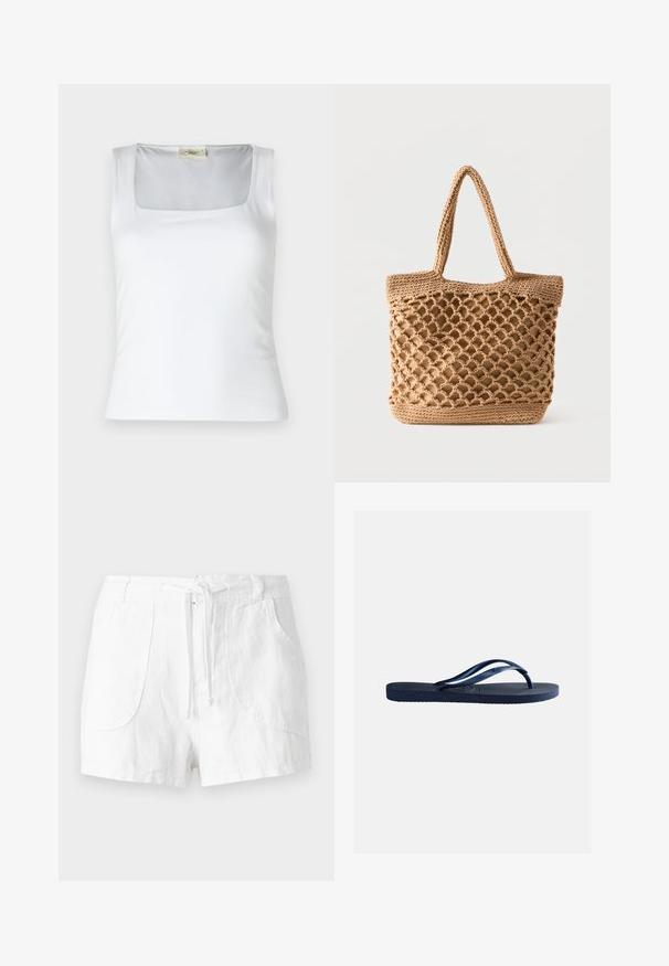 Top de tirantes blanco con escote cuadrado, hecho de una tela suave. Presenta tirantes anchos y una silueta ajustada. Sin patrones ni adornos visibles.; Pantalones cortos de lino blancos con cintura ajustable, cuentan con dos bolsillos frontales y una textura suave. Diseño simple sin adornos.; Chancla de goma azul marino con suela texturizada y tiras en forma de Y, aislada sobre fondo liso gris claro.; Bolso tote tejido de tono marrón con diseño abierto de red y base sólida, con dos asas para el hombro.