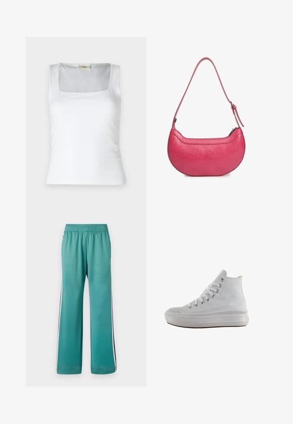 Débardeur blanc à encolure carrée fabriqué en tissu lisse. Présente des bretelles larges et une silhouette ajustée. Aucune motif ou ornement visible.; Pantalons de survêtement teal avec une taille élastique, jambes larges et rayures latérales en bleu marine et blanc. Tissu lisse avec une finition mate.; Baskets montantes en toile blanche avec lacets blancs, œillets métalliques, semelle épaisse en caoutchouc et bout texturé, orientées vers la gauche sur fond blanc.; Sac à main en cuir rose avec une forme incurvée, une seule bandoulière réglable et une fermeture éclair sur le dessus. Fini texturé avec des plis visibles.