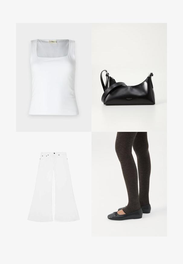 Débardeur blanc à encolure carrée fabriqué en tissu lisse. Présente des bretelles larges et une silhouette ajustée. Aucune motif ou ornement visible.; Jean évasé blanc en denim, avec une fermeture à bouton, cinq poches et des accents en métal noir.; Jambes portant des leggings côtelés foncés associés à des ballerines noires avec de petits détails en nœud sur fond blanc.; Sac à main en cuir noir avec une texture lisse. Dispose d'une bandoulière adjustable et d'un design élégant et minimaliste avec une fermeture éclair.