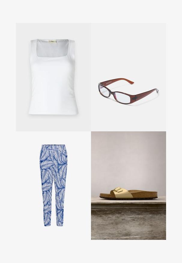 Débardeur blanc à encolure carrée fabriqué en tissu lisse. Présente des bretelles larges et une silhouette ajustée. Aucune motif ou ornement visible.; Pantalon bleu et blanc à motif featuring un design de feuilles, taille élastique et bas resserrés, fabriqué dans un tissu léger et respirant.; Sandale glissante synthétique dorée avec une seule sangle et un accent de boucle, dotée d'un pied en liège brun et d'une semelle en caoutchouc texturé.; Lunettes rectangulaires teintées de brun avec une finition brillante, dotées de branches fines et de verres transparents. Logo visible sur la branche gauche.
