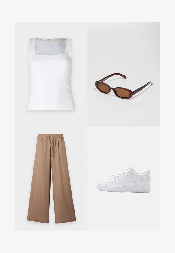 Débardeur blanc à encolure carrée fabriqué en tissu lisse. Présente des bretelles larges et une silhouette ajustée. Aucune motif ou ornement visible.; Pantalons larges en tissu brun clair, dotés d'une taille élastique avec un cordon de serrage et d'une finition lisse et texturée.; Baskets basses blanches avec embout perforé, swoosh Nike et accents floraux blancs décoratifs au talon et sur le côté.; Lunettes de soleil rondes teinte brun avec une monture bordeaux brillante. Branches fines avec un détail de marque subtil. Design de verres plats.