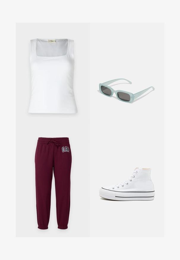 Débardeur blanc à encolure carrée fabriqué en tissu lisse. Présente des bretelles larges et une silhouette ajustée. Aucune motif ou ornement visible.; GAP Petite HERITAGE - Pantalon de survêtement - ruby wine; Baskets montantes blanches en toile, semelle en caoutchouc noir et bande noire contrastante sur la semelle intermédiaire. Bout rond et design à lacets.; Une paire de lunettes de soleil rectangulaires avec des montures translucides bleu clair et des verres gris foncé, présentant des branches droites et des détails matériels minimaux.