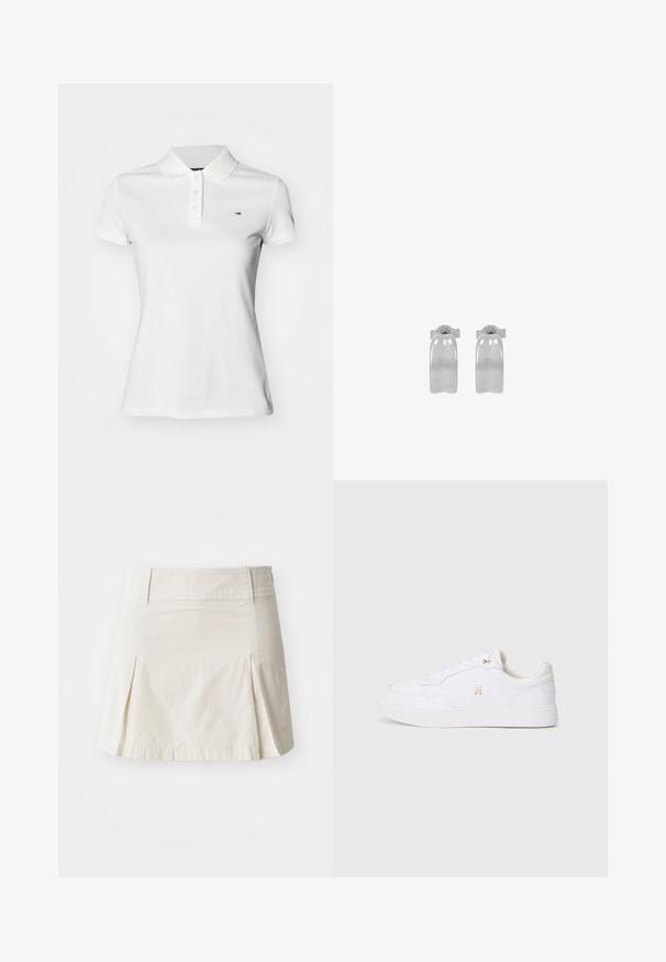 Weißes Polohemd mit kurzen Ärmeln, Kragen und drei Knöpfen, mit kleinem Tommy Hilfiger-Logo auf der linken Brust.; Hellbeiger Baumwollrock mit taillierter Passform, gefälteltem Design und geradem Saum, der eine glatte Textur aufweist und keine sichtbaren Beschläge hat.; Weißer Sneaker mit einem glatten, synthetischen Obermaterial, runder Zehenpartie und flachen Schnürsenkeln. Mit einem goldenen Logo an der Seite und einer strukturierten weißen Sohle.; Paar polierte silberne Creolen mit glatter, leicht gebogener Oberfläche und Schmetterlingsverschluss, auf weißem Hintergrund dargestellt.