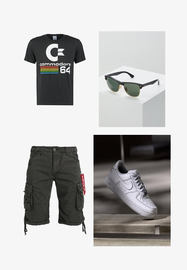 Camiseta de algodón negra que presenta un gran logo blanco con la letra "C", el texto "commodore 64" en blanco y franjas horizontales de colores del arcoíris debajo del logo.; Bermudas cargo de color verde oscuro fabricadas con tejido resistente, que cuentan con múltiples bolsillos laterales, un dobladillo con cordón y un acento de etiqueta roja.; Zapatilla Nike Air Force 1 de cuero blanco que presenta una puntera perforada, cordones planos y una suela de goma texturizada con la marca "AIR" en el lateral.; Gafas de sol Ray-Ban con lentes verdes, montura de plástico negro y acentos dorados en los bordes. Forma cuadrada con acabado mate.