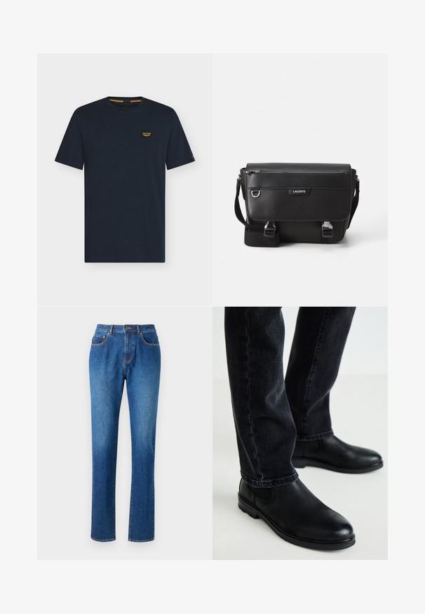 Dunkelblaues T-Shirt mit kurzen Ärmeln und Rundhals mit einem kleinen rechteckigen Logo-Patch auf der linken Brust.; Blaue Jeans aus Denim mit geradem Bein, fünf Taschen, einem Bund mit Gürtelschlaufen und kontrastierenden Nähten entlang der Nähte.; Schwarze Leder-Stiefeletten mit runder Zehenform und elastischen Seitenpaneelen, kombiniert mit dunklen Jeans, die eine glatte Textur und ein schlankes Design zeigen.; Schwarze, strukturierte Lacoste-Umhängetasche mit verstellbarem Tragegurt, Frontklappe, Reißverschlusstasche und Metallschnallen.