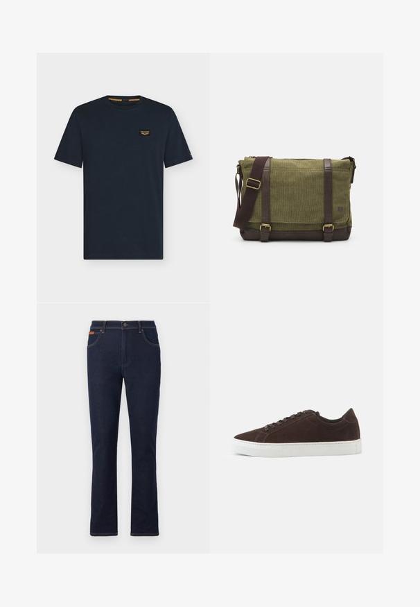 Dunkelblaues T-Shirt mit kurzen Ärmeln und Rundhals mit einem kleinen rechteckigen Logo-Patch auf der linken Brust.; Dunkelblaue Jeans mit geradem Bein, vorderem Knopf und Reißverschluss, Taschen vorne und hinten sowie braunen Nähten.; Dunkelbrauner Veloursleder-Low-Top-Sneaker mit passenden Schnürsenkeln und dicker weißer Gummisohle, von der Seite auf einfachem Hintergrund gezeigt.; Grüne Stoff-Umhängetasche mit braunen Lederakzenten, einer Vorderklappe, verstellbarem Schultergurt und Reißverschlussverschluss an der Oberseite. Ausgestattet mit goldenen Beschlägen.