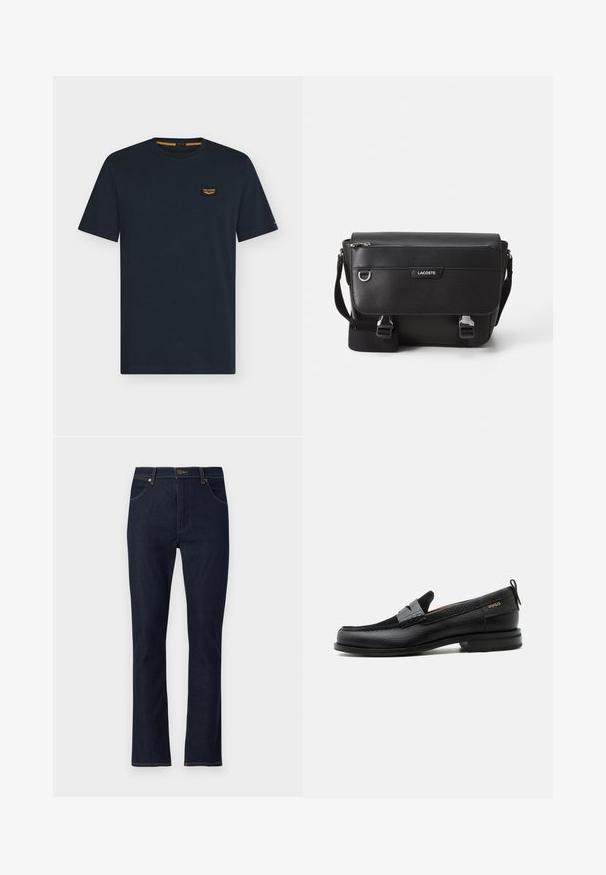 Dunkelblaues T-Shirt mit kurzen Ärmeln und Rundhals mit einem kleinen rechteckigen Logo-Patch auf der linken Brust.; Dunkelblaue Jeans mit geradem Bein, Vordertaschen, Gürtelschlaufen und Knopfverschluss.; Schwarzer Lederloafer mit grauem Riemendetail, niedrigem Absatz und strukturierter Sohle, seitlich mit „HUGO“ in Gold gebrandmarkt.; Schwarze, strukturierte Lacoste-Umhängetasche mit verstellbarem Tragegurt, Frontklappe, Reißverschlusstasche und Metallschnallen.
