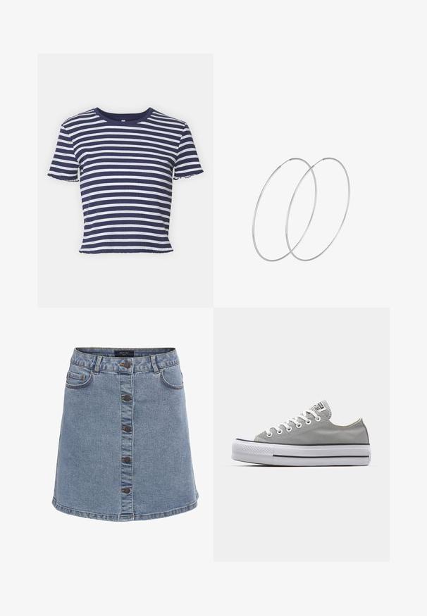 ONLY ONLMETTI BOX - T-shirt print - cloud dancer/clear sky; Lichtblauwe denimrok met een uitlopende vorm, voorzien van een knoopsluiting aan de voorkant, twee zijzakken en contrasterende stikseldetails.; Grijze canvas sneakers met witte veters, rubberen neuspunt en een dikke, witte rubberen zool met twee zwarte strepen aan de zijkant.; Zilveren hoepel oorbellen met een minimalistisch ontwerp. Cirkelvormig, gladde textuur en dun profiel. Lichtgewicht met een gepolijste afwerking.