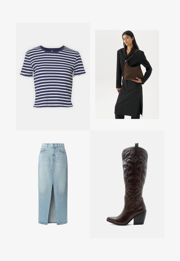 ONLY ONLMETTI BOX - T-Shirt print - cloud dancer/clear sky; Hellblaues Jeansrock mit einem Schlitz vorne, Fünf-Taschen-Design und Gürtelschlaufen. Hergestellt aus Baumwolle mit glatter Textur und leichtem Farbverlauf.; Hoher dunkelbrauner Leder-Cowboystiefel mit gestickten dekorativen Mustern, spitzer Spitze und gestapeltem Blockabsatz.; Frau trägt ein schwarzes Blazer und einen Rock, hält eine große dunkelbraune Wildleder-Umhängetasche vor einem weißen Hintergrund.