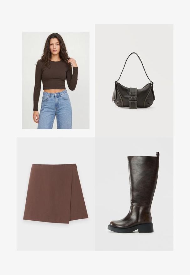 Ung kvinde med langt krøllet hår iført en mørkebrun langærmet cropped top og lyseblå jeans med høj talje mod en ensfarvet baggrund.; Brun A-formet nederdel med let overlapdetalje foran, lavet af glat stof, vist på en ensartet lys baggrund.; Mørkebrun læder knæhøj støvle med rund tå, chunky sort sål, lav blokhæl og trækflig bagpå.; Sort læder skuldertaske med spænde på remmen, afrundede kanter og kontrasterende hvide syninger på en ensfarvet baggrund.
