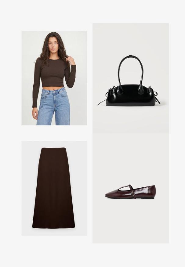 Jeune femme aux longs cheveux bouclés portant un crop top marron foncé à manches longues et un jean taille haute bleu clair sur un fond uni.; Jupe marron foncé, longueur cheville, forme trapèze avec une texture lisse et unie et une taille ajustée sur un fond blanc uni.; Chaussure plate en cuir bordeaux foncé avec un bout pointu et une fine bride en T avec une boucle argentée sur fond blanc.; Petit sac à main noir brillant avec deux longues anses et des détails à cordon sur les côtés sur un fond clair uni.