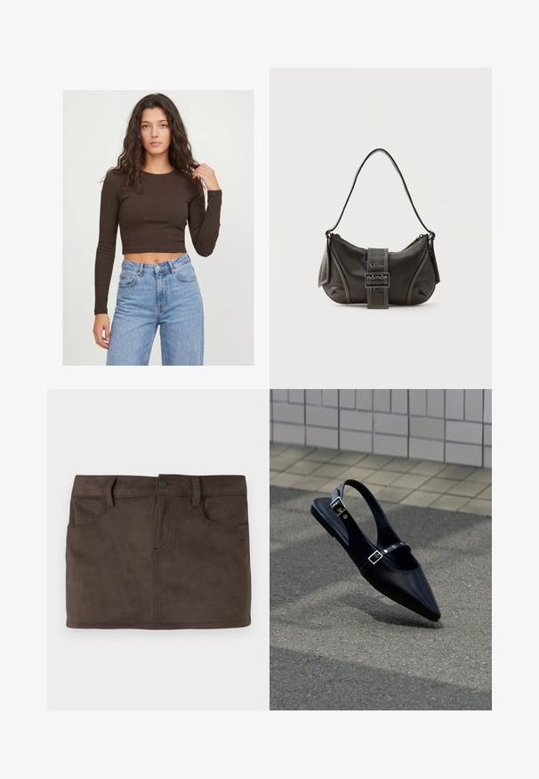 Jeune femme aux longs cheveux bouclés portant un crop top marron foncé à manches longues et un jean taille haute bleu clair sur un fond uni.; Mini-jupe en daim marron avec deux poches avant, passants de ceinture et fermeture avec bouton à l'avant. Texture lisse avec un léger brillant.; Mocassin noir à bout pointu et bride arrière, avec double boucle, posé sur un asphalt gris près d'un mur carrelé en arrière-plan.; Sac à épaule en cuir noir avec une sangle à boucle, des bords arrondis et des coutures blanches contrastées sur un fond uni.