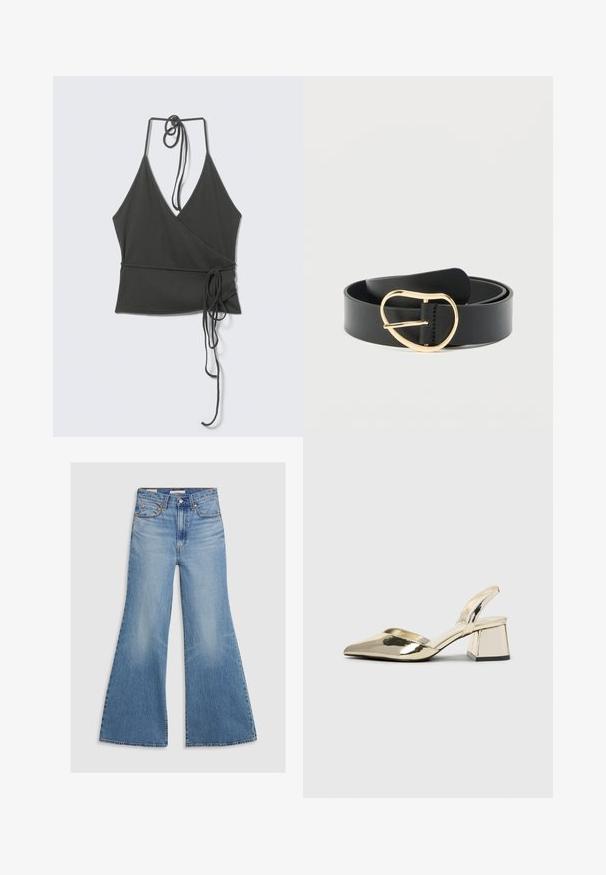 Mørkegrå ærmeløs omslags-top med tynde stropper, der bindes i nakken og ved taljen, stofstropper hængende ned foran på lys baggrund.; Lysvasket denim flared jeans med høj talje, frontlommer og bronze hardware. Stoffet har en falmet tekstur med en glat finish.; Guld, metalliske slingback-hæle med spids tå og kraftig hæl. Glat tekstur, minimalistisk design og en smal strop.; Sort læderbælte med en uregelmæssig dråbeformet spænde i guldmetal, krøllet sammen på en hvid baggrund.