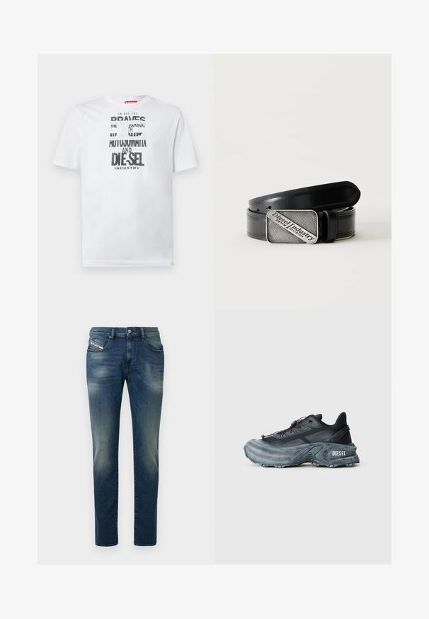 Camiseta blanca de algodón con tipografía negra audaz que muestra las palabras "BRAVES" y "DIE-SEL INDUSTRY" y un diseño de recorte semitransparente.; Vaqueros de mezclilla azul oscuro con lavado desgastado, diseño de pierna recta y una rodilla ligeramente desgastada. Cuenta con bolsillos delanteros y cierre con botón de metal.; Zapatilla Diesel en negro y gris con suela gruesa, cierre de cordón y diseño texturizado sobre un fondo liso de color gris claro.; Cinturón de cuero negro con hebilla rectangular plateada que presenta el texto grabado "Diesel Industry Denim Division" sobre un fondo claro a rayas.