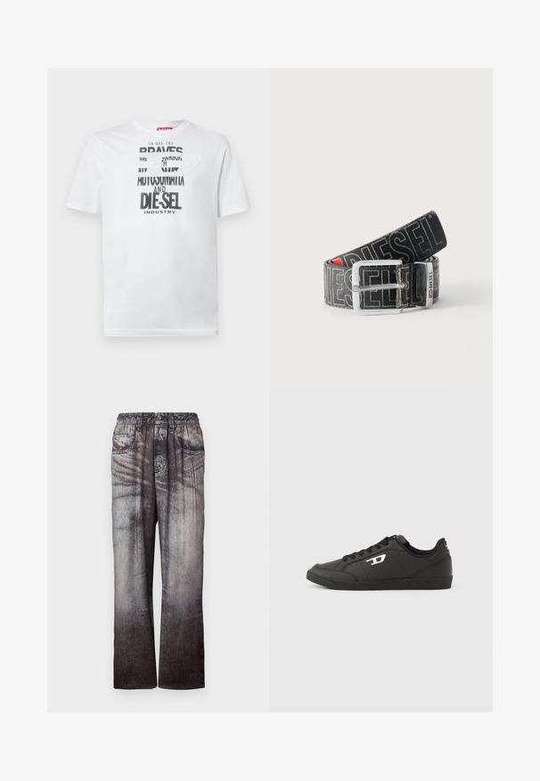 Weißes Baumwoll-T-Shirt mit fetter schwarzer Typografie und den Worten "BRAVES" und "DIE-SEL INDUSTRY" sowie einem halbtransparenten Cutout-Design.; Jeans mit einem verblassten Blau-zu-Grau-Gradient, elastischem Bund und seitlichen Taschen. Sie besitzen eine strukturierte Oberfläche mit subtilem Nähen.; Schwarze Sneakers aus synthetischem Material mit einer strukturierten schwarzen Sohle, rundem Zehenbereich und flachen schwarzen Schnürsenkeln. Auffälliges weißes Logo auf der Außenseite.; Schwarzer Diesel-Gürtel mit großem weißen Logotext, rechteckiger silberner Schnalle und gebrandetem Metallschlaufen-Detail, aufgewickelt auf hellem Hintergrund.