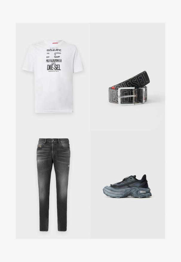 Weißes Baumwoll-T-Shirt mit fetter schwarzer Typografie und den Worten "BRAVES" und "DIE-SEL INDUSTRY" sowie einem halbtransparenten Cutout-Design.; Graue Denim-Jeans mit schlankem Schnitt, die über leicht abgewetzte Bereiche, distressed Details und einen traditionellen Knopfverschluss verfügen.; Schwarz- und graue Diesel-Sneaker mit dicker Sohle, Schnürverschluss und strukturiertem Design auf einem schlichten hellgrauen Hintergrund.; Schwarzer Diesel-Gürtel mit großem weißen Logotext, rechteckiger silberner Schnalle und gebrandetem Metallschlaufen-Detail, aufgewickelt auf hellem Hintergrund.