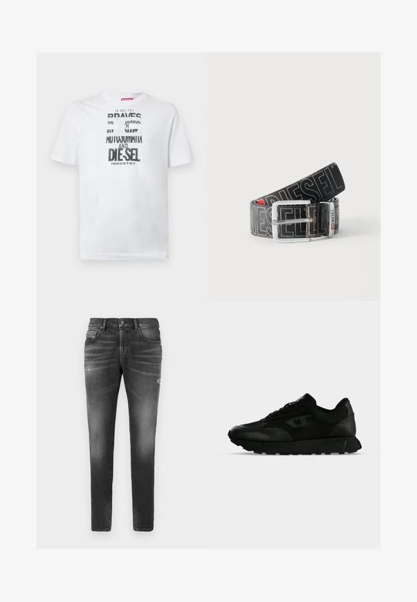 Weißes Baumwoll-T-Shirt mit fetter schwarzer Typografie und den Worten "BRAVES" und "DIE-SEL INDUSTRY" sowie einem halbtransparenten Cutout-Design.; Graue Denim-Jeans mit schlankem Schnitt, die über leicht abgewetzte Bereiche, distressed Details und einen traditionellen Knopfverschluss verfügen.; Schwarzer Low-Top-Sneaker mit strukturiertem Leder und Stoffpaneelen, Schnürverschluss und dicker Gummisohle auf einfachem hellem Hintergrund.; Schwarzer Diesel-Gürtel mit großem weißen Logotext, rechteckiger silberner Schnalle und gebrandetem Metallschlaufen-Detail, aufgewickelt auf hellem Hintergrund.