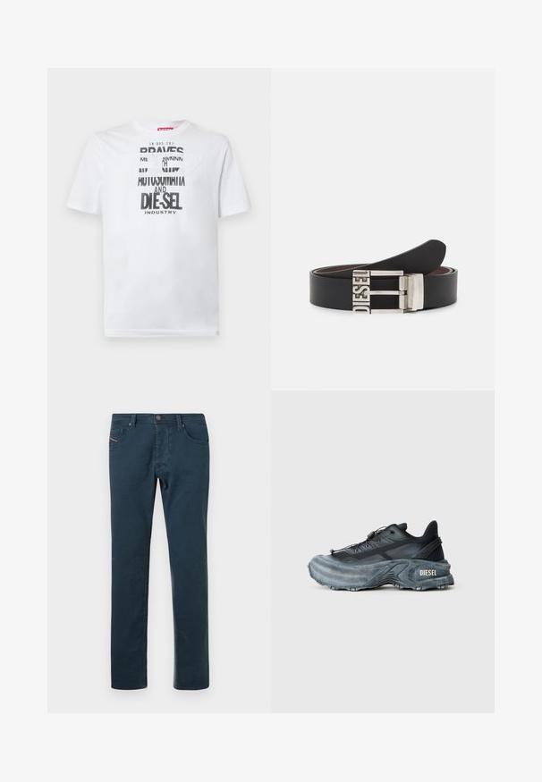 Weißes Baumwoll-T-Shirt mit fetter schwarzer Typografie und den Worten "BRAVES" und "DIE-SEL INDUSTRY" sowie einem halbtransparenten Cutout-Design.; Dunkelblaue Slim-Fit-Hosen mit vorderem Knopf, Gürtelschlaufen und Fünf-Taschen-Design auf einem schlichten weißen Hintergrund.; Schwarz- und graue Diesel-Sneaker mit dicker Sohle, Schnürverschluss und strukturiertem Design auf einem schlichten hellgrauen Hintergrund.; Schwarzer Ledergürtel mit einer silbernen Metallschnalle, auf der der eingeprägte Text "DIESEL" zu sehen ist. Das Design ist schlank mit einer glatten Textur.