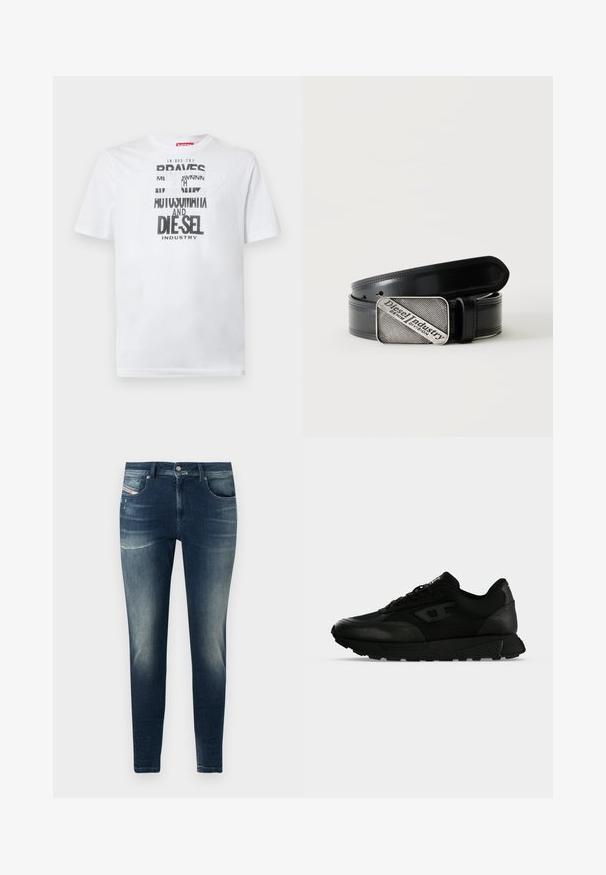 Weißes Baumwoll-T-Shirt mit fetter schwarzer Typografie und den Worten "BRAVES" und "DIE-SEL INDUSTRY" sowie einem halbtransparenten Cutout-Design.; Dunkelblaue Denim-Jeans mit Slim-Fit, ausgestattet mit einem ausgewaschenen Look, leichten Abschürfungen und klassischem Fünf-Taschen-Design.; Schwarzer Low-Top-Sneaker mit strukturiertem Leder und Stoffpaneelen, Schnürverschluss und dicker Gummisohle auf einfachem hellem Hintergrund.; Schwarzer Ledergürtel mit rechteckiger silberner Schnalle, auf der der eingravierte Text "Diesel Industry Denim Division" steht, auf einem hell gestreiften Hintergrund.