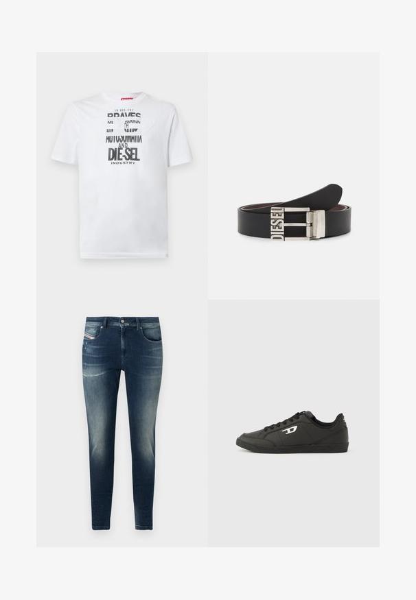 Weißes Baumwoll-T-Shirt mit fetter schwarzer Typografie und den Worten "BRAVES" und "DIE-SEL INDUSTRY" sowie einem halbtransparenten Cutout-Design.; Dunkelblaue Denim-Jeans mit Slim-Fit, ausgestattet mit einem ausgewaschenen Look, leichten Abschürfungen und klassischem Fünf-Taschen-Design.; Schwarze Sneakers aus synthetischem Material mit einer strukturierten schwarzen Sohle, rundem Zehenbereich und flachen schwarzen Schnürsenkeln. Auffälliges weißes Logo auf der Außenseite.; Schwarzer Ledergürtel mit einer silbernen Metallschnalle, auf der der eingeprägte Text "DIESEL" zu sehen ist. Das Design ist schlank mit einer glatten Textur.