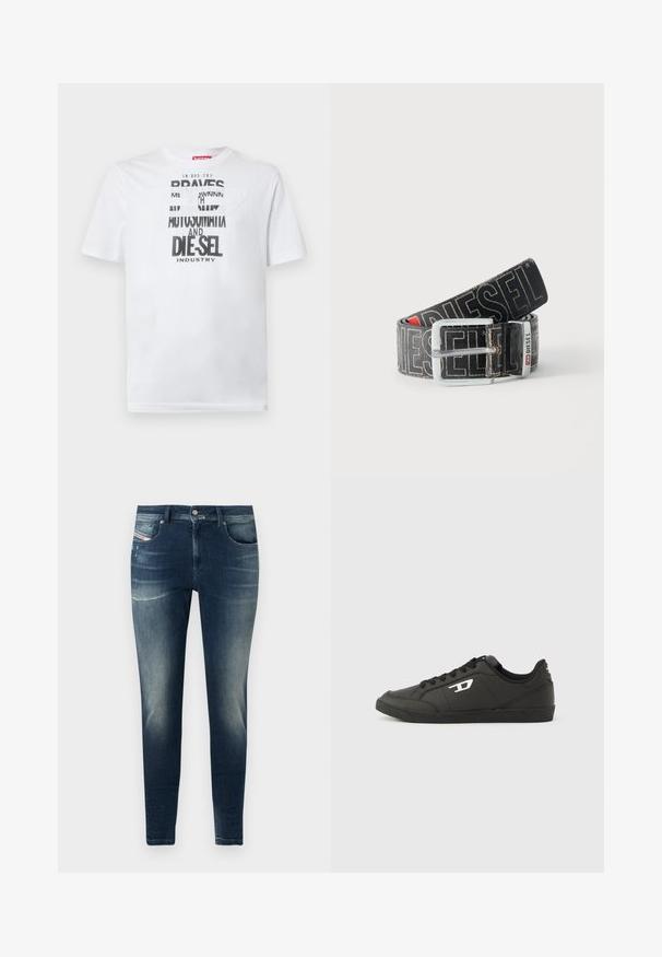 Wit katoenen T-shirt met gedurfde zwarte typografie met de woorden "BRAVES" en "DIE-SEL INDUSTRY" en een semi-transparant uitgesneden ontwerp.; Donkerblauwe denim jeans met een slim fit, voorzien van een vervaagde was, lichte slijtage en een klassieke vijf-pocket stijl.; Zwarte sneakers van synthetisch materiaal met een geribbelde zwarte zool, ronde neus en vlakke zwarte veters. Opvallend wit logomerk aan de buitenzijde.; Zwarte Diesel-riem met grote witte logotekst, rechthoekige zilveren gesp en merkmetal lusdetail, opgerold op een lichte achtergrond.