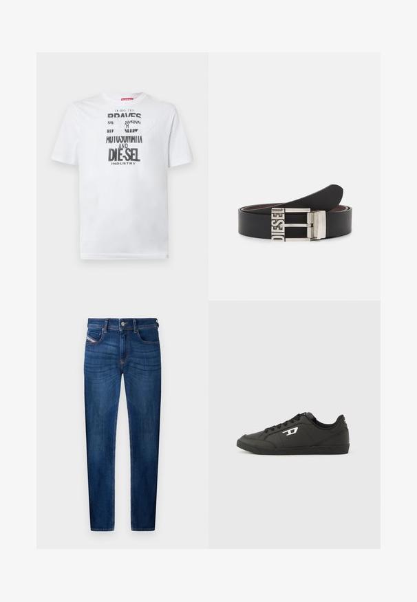 Wit katoenen T-shirt met gedurfde zwarte typografie met de woorden "BRAVES" en "DIE-SEL INDUSTRY" en een semi-transparant uitgesneden ontwerp.; Donkerblauwe spijkerbroeken met rechte pijpen, vijf zakken, zichtbare stikseldetails en een metalen knoopsluiting.; Zwarte sneakers van synthetisch materiaal met een geribbelde zwarte zool, ronde neus en vlakke zwarte veters. Opvallend wit logomerk aan de buitenzijde.; Zwarte leren riem met een zilveren metalen gesp waarop de tekst "DIESEL" is gegraveerd. Het ontwerp is slank met een gladde textuur.