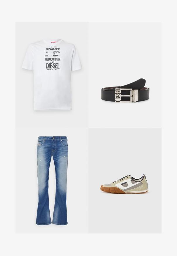 Camiseta blanca de algodón con tipografía negra audaz que muestra las palabras "BRAVES" y "DIE-SEL INDUSTRY" y un diseño de recorte semitransparente.; Vaqueros bootcut desgastados en azul con ligero desgarro en los muslos delanteros y diseño clásico de cinco bolsillos sobre fondo blanco.; Zapatillas deportivas con una parte superior beige con acentos en gris y blanco, ante texturizado y suela de goma con patrón. Incluyen cordones marrones y una lengüeta para tirar.; Cinturón de cuero negro con una hebilla de metal plateada que presenta el texto embossado "DIESEL". El diseño es elegante con una textura suave.