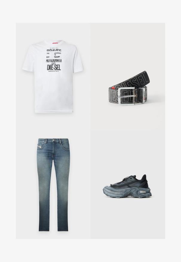 Wit katoenen T-shirt met gedurfde zwarte typografie met de woorden "BRAVES" en "DIE-SEL INDUSTRY" en een semi-transparant uitgesneden ontwerp.; Slim-fit jeans in een vervaagde blauwe wassing, met een vijf-pocket ontwerp, metalen knoopsluiting en contrasterende stiksels. Licht verouderde textuur.; Zwarte en grijze Diesel sneakers met dikke zool, vetersluiting en gestructureerd ontwerp op een effen lichtgrijze achtergrond.; Zwarte Diesel-riem met grote witte logotekst, rechthoekige zilveren gesp en merkmetal lusdetail, opgerold op een lichte achtergrond.