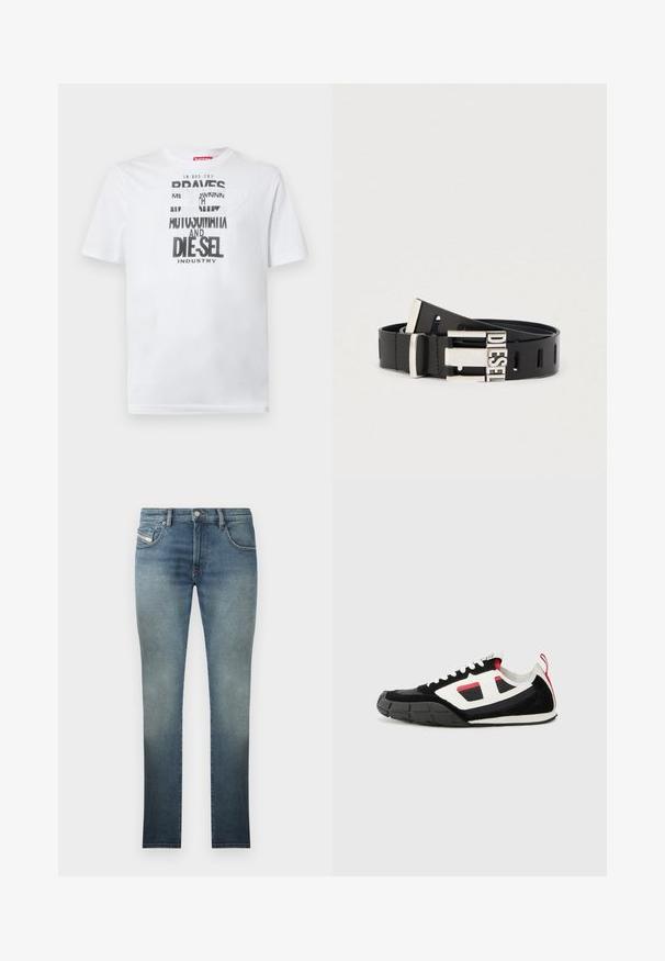 Camiseta blanca de algodón con tipografía negra audaz que muestra las palabras "BRAVES" y "DIE-SEL INDUSTRY" y un diseño de recorte semitransparente.; Jeans ajustados en un lavado azul desgastado, con un diseño de cinco bolsillos, cierre de botón metálico y costuras en contraste. Textura ligeramente desgastada.; Diesel S PAGODHA LOW - Zapatillas - black; Cinturón de cuero negro con hebilla de metal plateado que presenta la palabra "DIESEL". El cinturón tiene varios agujeros de ajuste a lo largo de su longitud.