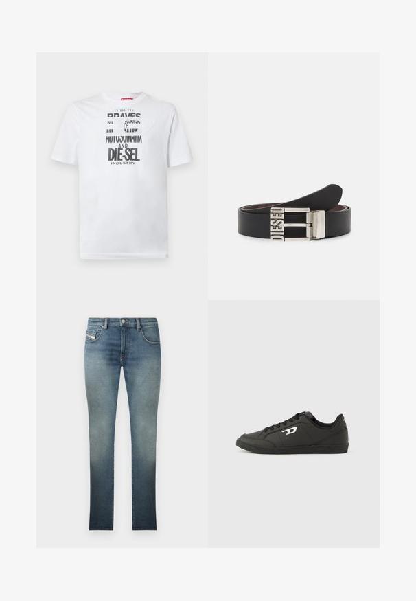 Camiseta blanca de algodón con tipografía negra audaz que muestra las palabras "BRAVES" y "DIE-SEL INDUSTRY" y un diseño de recorte semitransparente.; Jeans ajustados en un lavado azul desgastado, con un diseño de cinco bolsillos, cierre de botón metálico y costuras en contraste. Textura ligeramente desgastada.; Zapatillas deportivas negras sintéticas con suela negra texturizada, puntera redonda y cordones planos negros. Destaca un logo blanco en el lateral exterior.; Cinturón de cuero negro con una hebilla de metal plateada que presenta el texto embossado "DIESEL". El diseño es elegante con una textura suave.