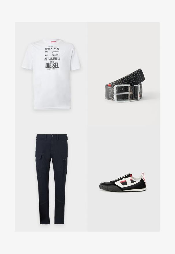 Hvid bomulds-T-shirt med fed sort typografi med ordene "BRAVES" og "DIE-SEL INDUSTRY" samt et semi-transparent udskåret design.; Cargo bukser i mørk navy stof med flere lommer, herunder sidelommer, og synlige syninger. Slim-fit design.; Diesel S PAGODHA LOW - Sneakers - black; Sort Diesel-bælte med stor hvid logo tekst, rektangulært sølvspænde og brandet metal-loop detalje, rullet sammen på en lys baggrund.
