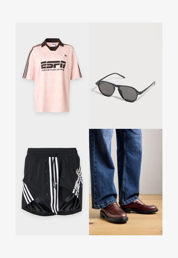 Lyserød Adidas sportsskjorte med mørkebrun krave og striber, med teksten "ESP1" og "THERE'S NO PLACE LIKE SPORTS" på forsiden.; Sorte Adidas træningsshorts med hvide striber, trykknapper, elastisk taljebånd, snøre og logo-patch på højre sidelomme.; Person iført brune læder loafers og blå jeans står på et trægulv mod en neutral baggrund.; Sorte solbriller med runde stel og mørketonede glas, hvilende på en hvid overflade, let vinklet mod højre.