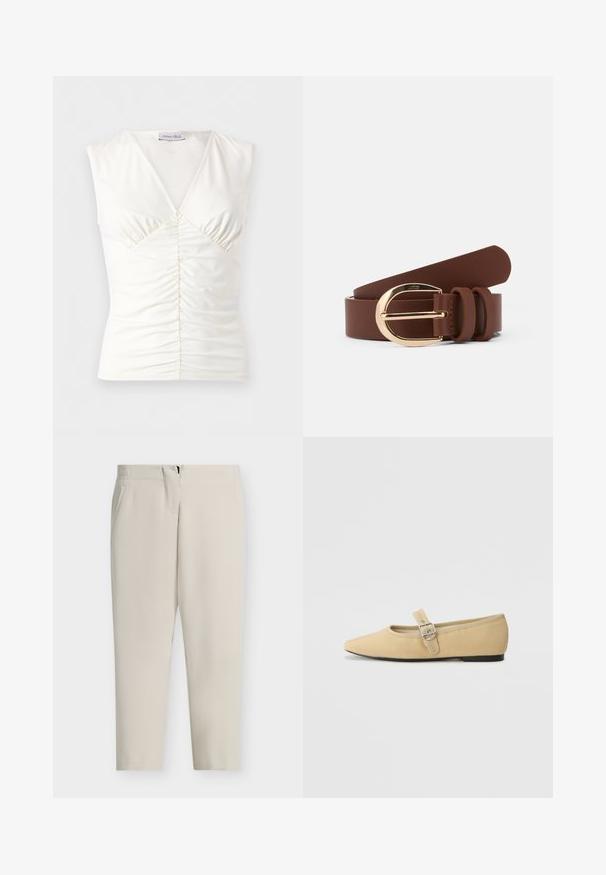 Λευκό αμάνικο τοπ με V-λαιμόκοψη, ραμμένο μπροστά με πιέτες και ελαστικό ύφασμα, με ετικέτα Anna Field.; Μπεζ παντελόνια σε ίσια γραμμή, με πλαϊνές τσέπες και μπροστινό φερμουάρ. Λείο ύφασμα με καθαρό, μινιμαλιστικό σχέδιο.; Μπεζ καμβάδες μπαλαρίνες με μυτερή μύτη, επίπεδη σόλα και διακοσμητικό λουράκι με ασημένιο κούμπωμα στο πλάι.; Καφέ δερμάτινη ζώνη με γυαλιστερό χρυσό κούμπωμα και δύο θηλιές από δέρμα. Απαλή υφή, επίπεδο σχέδιο και στρογγυλεμένες άκρες.