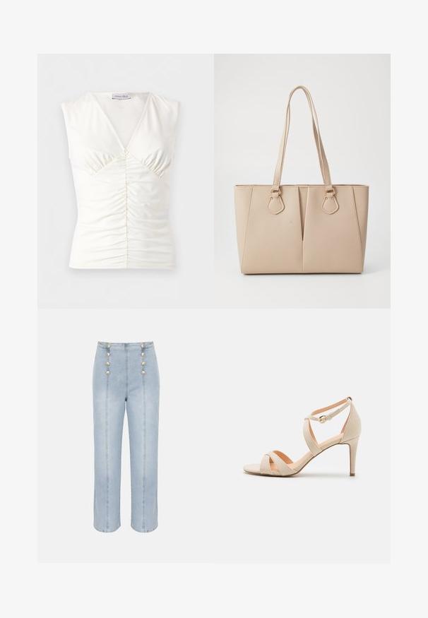 Top blanc sans manches à col en V avec devant froncé et tissu légèrement extensible, marque Anna Field.; Jean bleu clair taille haute à jambes larges avec deux rangées verticales de six boutons nacrés sur le devant.; Sandale à talons hauts en suède beige avec un bout ouvert, design de sangle croisée et bride de cheville avec une boucle dorée.; Sac fourre-tout beige en faux cuir texturé, doté de poignées doubles et d'accents en métal doré. Le design présente un détail avant fendu.