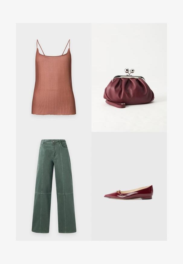 Getextureerde, ribbelige tanktop in een warme, middelbruine kleur. Dunne schouderbandjes en een rechte halslijn. Zachte, lichte brei stof.; Wijde broek van donkergrijze denim, met gestikte naden, vijf zakken en een knoopsluiting bij de taille. Soepele textuur en casual ontwerp.; Bordeaux patent leren ballerina's met een puntige neus, voorzien van een klein uitsnijdetail en een lage hak. Glad textuur en een slank ontwerp.; Kleine bordeauxrode leren clutch-portemonnee met zilverkleurige metalen sluiting en polsbandje op een witte achtergrond.