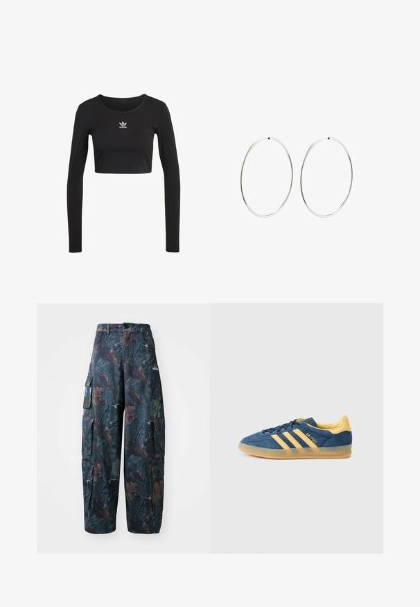 Zwart langemouwen crop top van ribgebreide stof met een ronde hals; heeft een witte Adidas-logo dat gecentreerd op de borst is.; Camo cargobroek in donkergroen en bruin, met meerdere zakken en een losse pasvorm, gemaakt van lichtgewicht, duurzaam materiaal.; Blauwe suède sneaker met gele accenten, voorzien van drie gele strepen, een gestructureerde tong en een doorschijnende gumzool. Merknaam "Gazelle" is zichtbaar.; Zilveren oorbellen in een gladde, ronde vorm met een gepolijste afwerking. Ze zijn dun en lichtgewicht, met een eenvoudige haaksluiting.