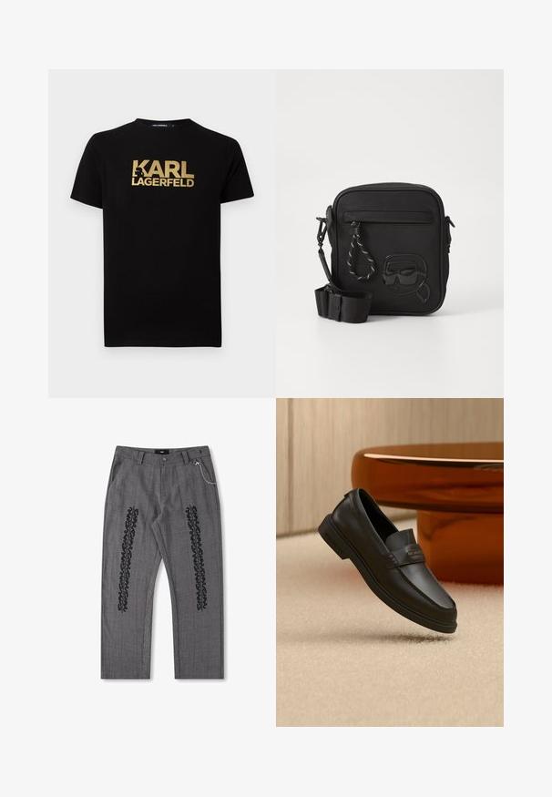 T-shirt en coton noir avec le texte doré "KARL LAGERFELD" à l'avant. Manches courtes et design classique à col rond.; Pantalons à carreaux gris avec des détails en texte noir sur les côtés, présentant un accent de chaîne sur la taille. Conception à jambe droite, tissu texturé.; Chaussure noire en cuir à enfiler avec des accents cousus, un col relevé et une semelle en caoutchouc plate, positionnée au-dessus d'une surface beige douce.; Sac en bandoulière noir en matériau texturé, doté d'une poche avant et d'un design en relief d'un visage portant des lunettes de soleil. Sangle réglable incluse.