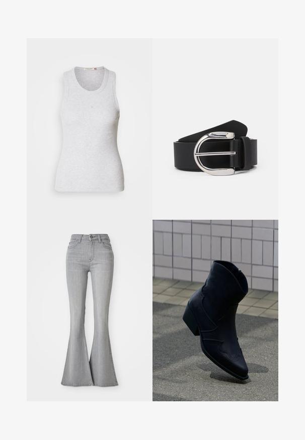Lys grå ribbet tanktop med rund halsudskæring og uden ærmer. Har et tætsiddende design og en diskret logo nær midten. Blød tekstur.; Højtaljede lysegrå denim jeans med flared ben, frontknap, lynlås og for- samt baglommer.; Sort læderankelstøvle med lav hæl, dekorative syninger og spids tå, placeret opret på en brolagt overflade ved siden af en flisebelagt væg.; Sorte læderbælte med en sølvfarvet metalspænde, der har en glat tekstur og et klassisk design. Remmen er 3,8 cm bred.