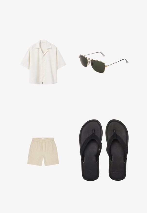 Camisa de manga corta de color crema con botones, cuello tipo camp y texto bordado sutil en el pecho izquierdo.; Pantalones cortos beige casual con cintura elástica, cordón ajustable y bolsillos laterales, colocados planos sobre un fondo blanco.; Chanclas negras hechas de material suave, con una tira estilo thong, planta texturizada y logo en relieve en la suela.; Gafas de sol aviador de metal dorado con grandes lentes verdes oscuros, que cuentan con un marco delgado y almohadillas nasales transparentes para mayor comodidad.