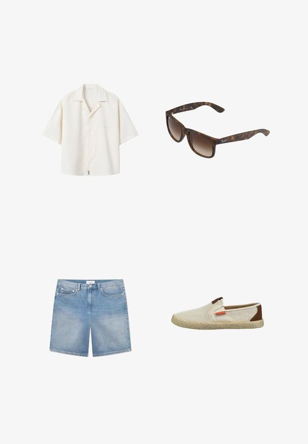 Camisa de manga corta de color crema con botones, cuello tipo camp y texto bordado sutil en el pecho izquierdo.; Pantalones cortos de mezclilla azul claro con un corte recto, cinco bolsillos, un ligero desgastado y una etiqueta de marca en la cinturilla. Material de algodón con costuras clásicas.; Zapato beige tipo slip-on de malla con acentos marrones y suela de yute, con una parte superior texturizada y un pequeño detalle de logotipo rojo en el lateral.; Gafas de sol de carey con lentes marrones degradados, forma rectangular, montura gruesa y un acento de logo plateado en el lateral.