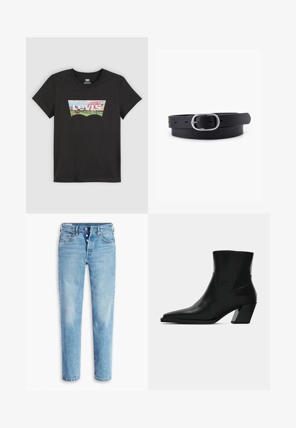 Čierne tričko s logom Levi's s malebným dizajnom koňa, zelených polí, plotu a modrej oblohy s vtákmi.; Svetlo modré denimové džínsy so strižením rovného strihu, päť vreciek a zapínaním na gombíky. Obsahujú vyblednuté časti a efekt whiskering pre textúru.; Čierna kožená členková topánka s špicatou špičkou, elegantným siluetou a masívnym štvorecovým podpätkom. Hladký povrch s minimálnymi švovými detailmi.; Čierny kožený opasok s hladkým povrchom, oválnou striebornou kovovou prackou a viacerými nastavovacími otvormi pozdĺž pásu. Plochý, minimalistický dizajn.